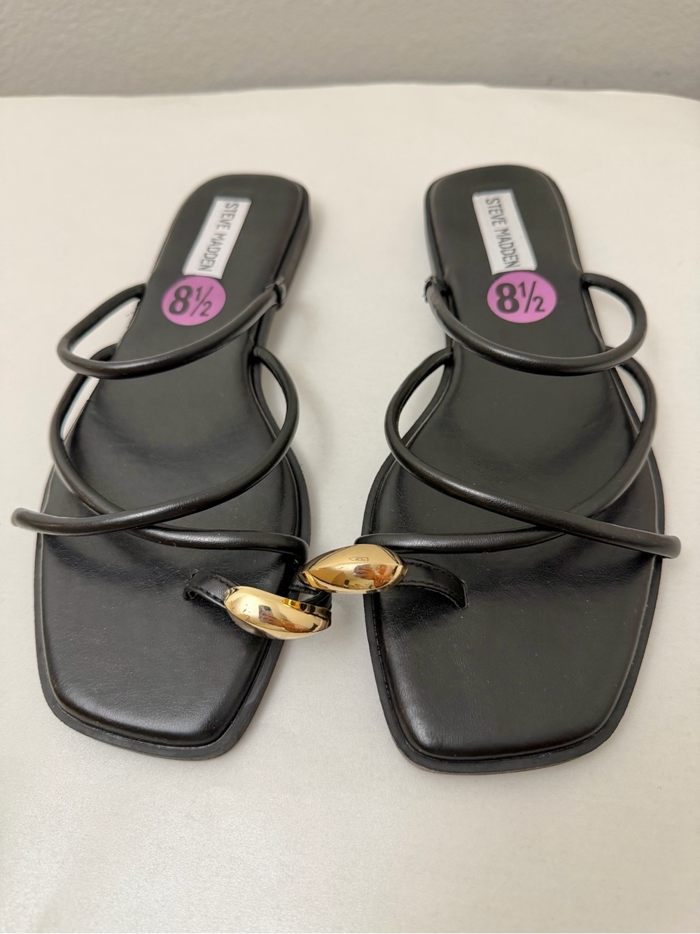 Steve Madden Black Slim-Strap Slide Sandals with Gold Link